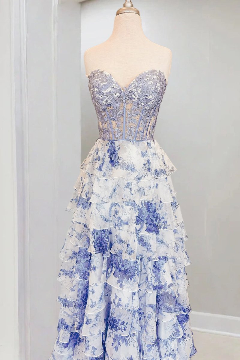 Blue Sweetheart A Line Floral Chiffon Ruffled Wedding Guest Dress With Appliques - Curvevia