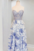 Blue Sweetheart A Line Floral Chiffon Ruffled Wedding Guest Dress With Appliques - Curvevia
