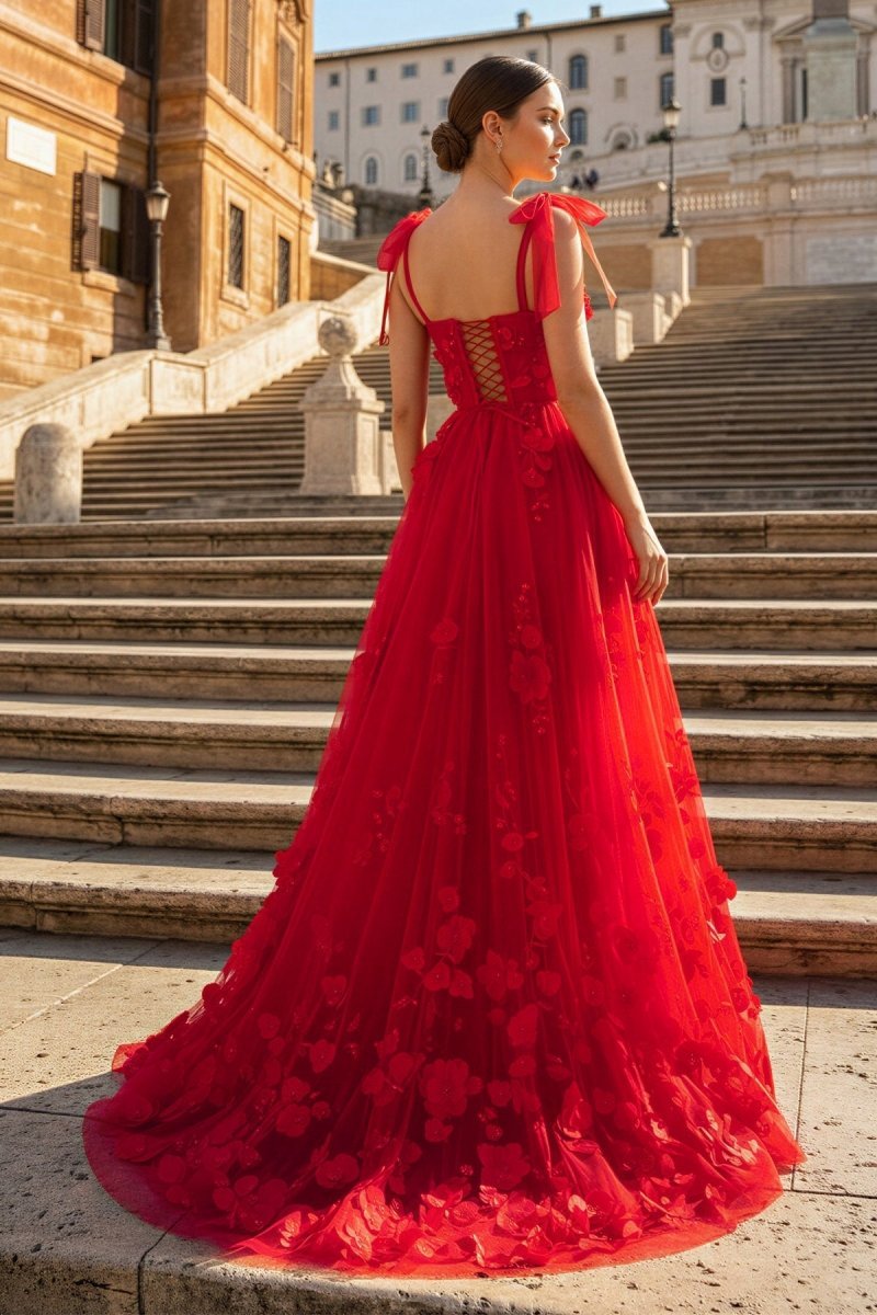Scarlet Tulle A-line 3D Flower Long Evening Dress With Slit - Curvevia