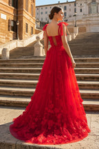 Scarlet Tulle A-line 3D Flower Long Evening Dress With Slit - Curvevia