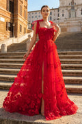 Scarlet Tulle A-line 3D Flower Long Evening Dress With Slit - Curvevia