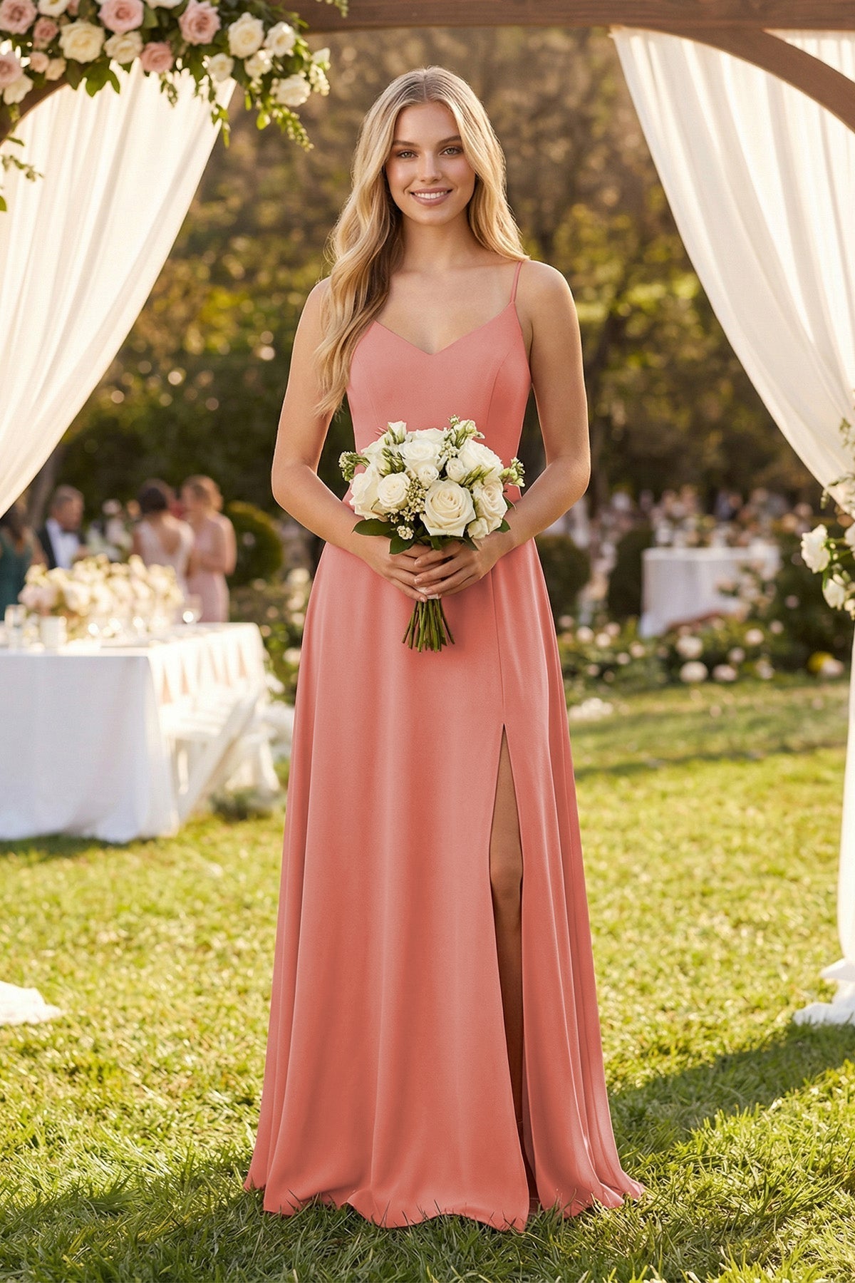 Cami Strap A-Line Chiffon Bridesmaid Dress with Slit in Mulberry - Curvevia