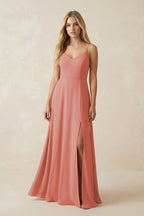 Cami Strap A-Line Chiffon Bridesmaid Dress with Slit in Mulberry - Curvevia