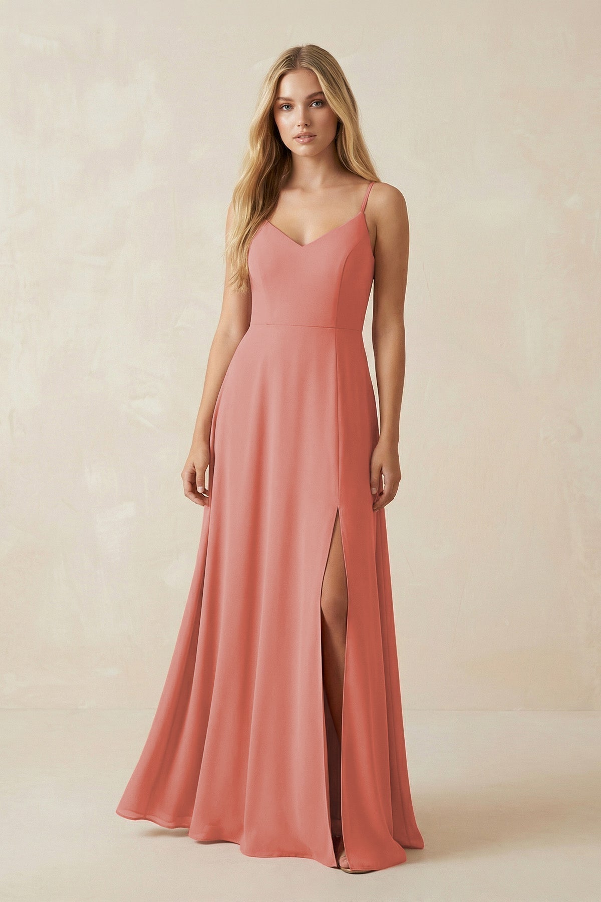 Cami Strap A-Line Chiffon Bridesmaid Dress with Slit in Mulberry - Curvevia