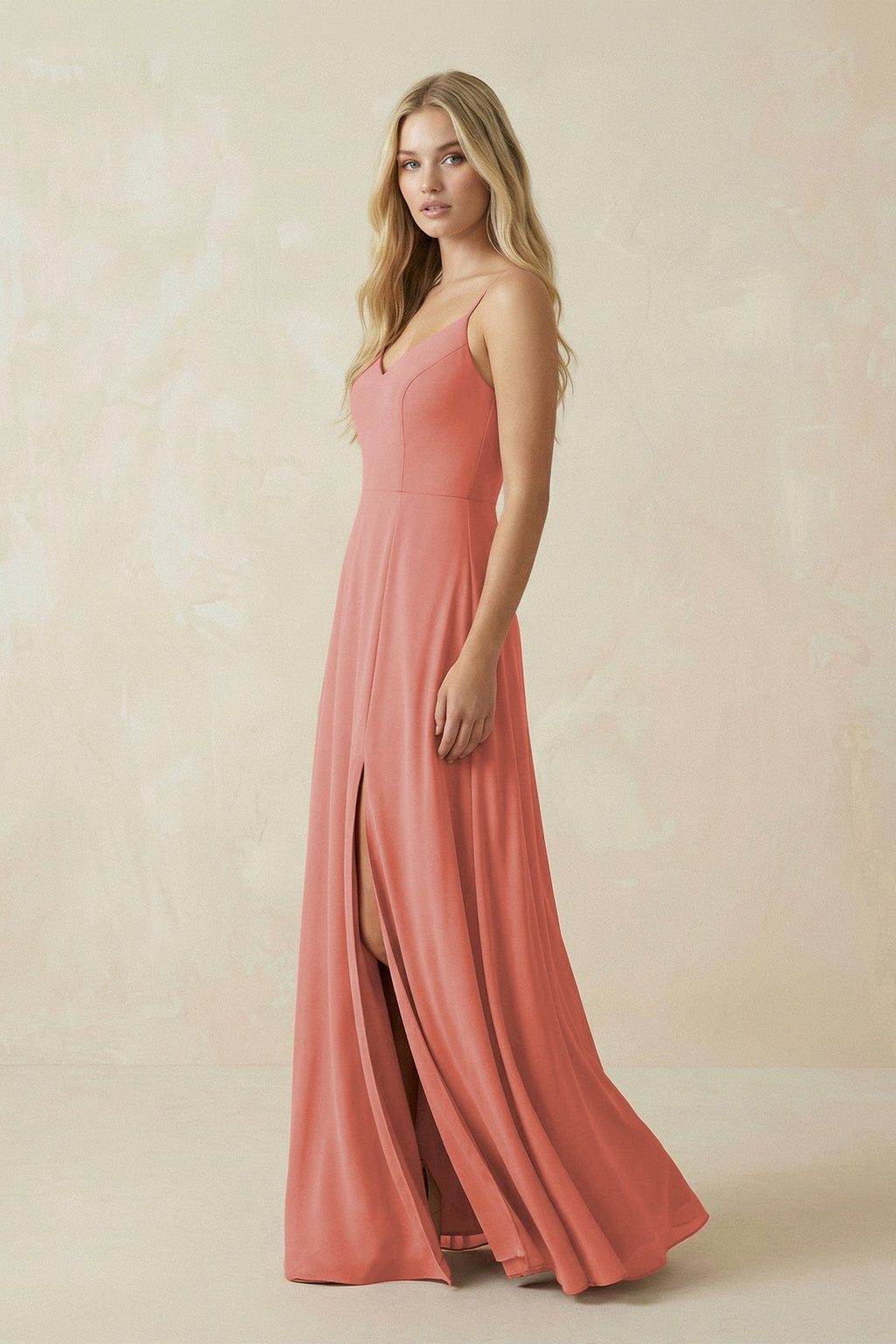 Cami Strap A-Line Chiffon Bridesmaid Dress with Slit in Mulberry - Curvevia