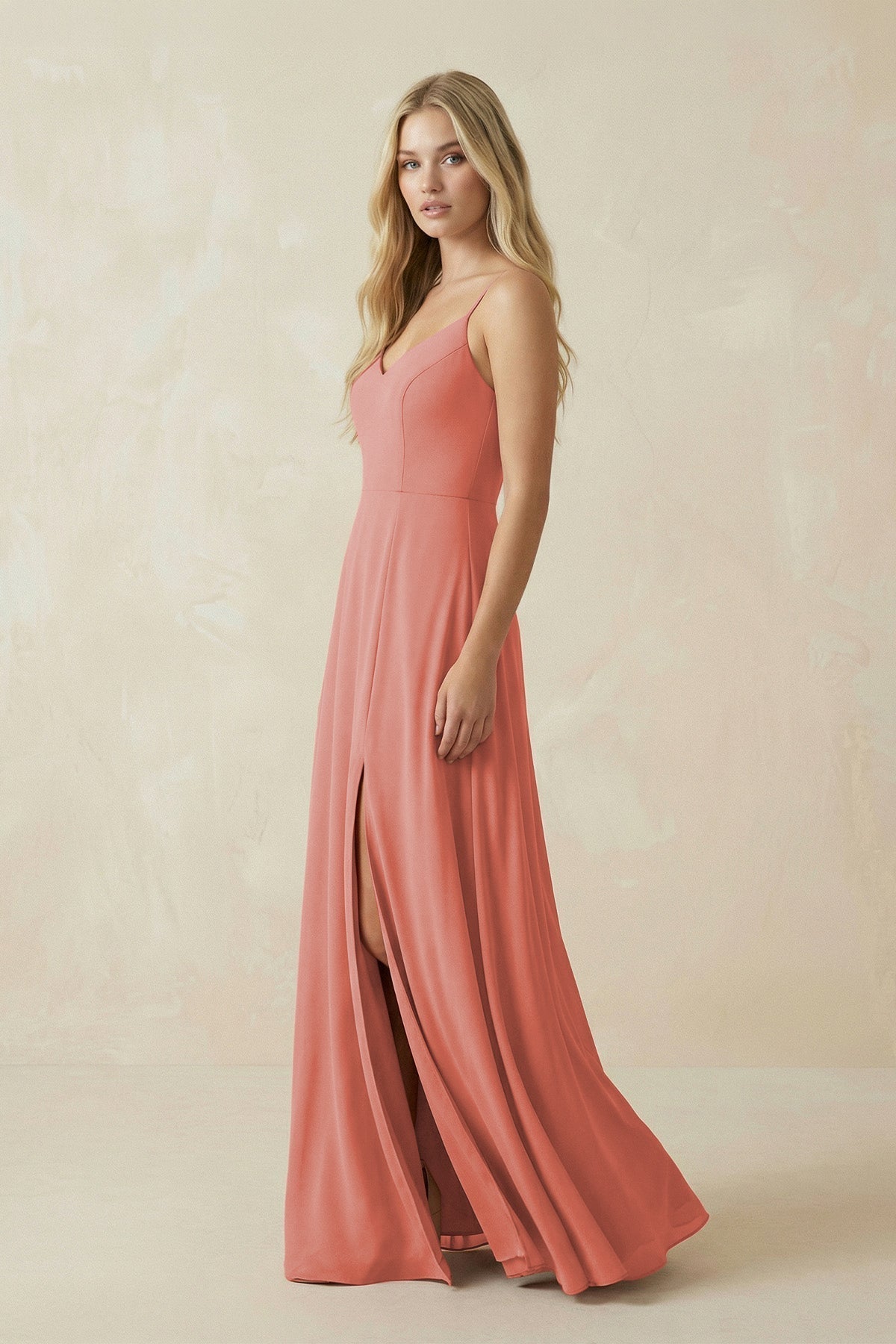 Cami Strap A-Line Chiffon Bridesmaid Dress with Slit in Mulberry - Curvevia