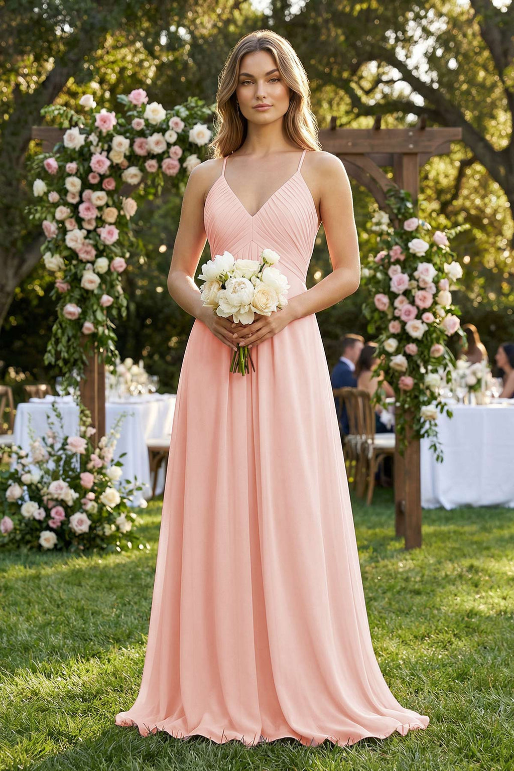Cami Strap A-Line Chiffon Pleated Bridesmaid Dress in Rose Petal - Curvevia