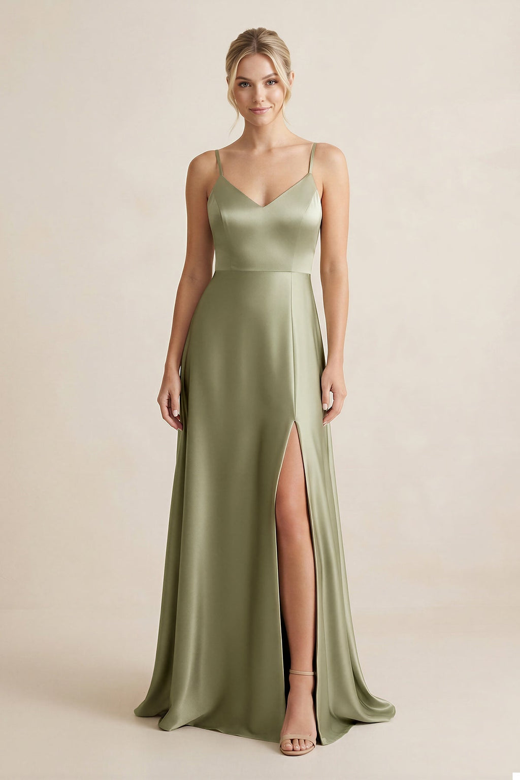 Cami Strap A-Line Shiny Satin Bridesmaid Dress in Thyme - Curvevia