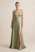 Cami Strap A-Line Shiny Satin Bridesmaid Dress in Thyme - Curvevia
