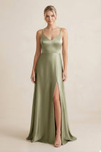 Cami Strap A-Line Shiny Satin Bridesmaid Dress in Thyme - Curvevia