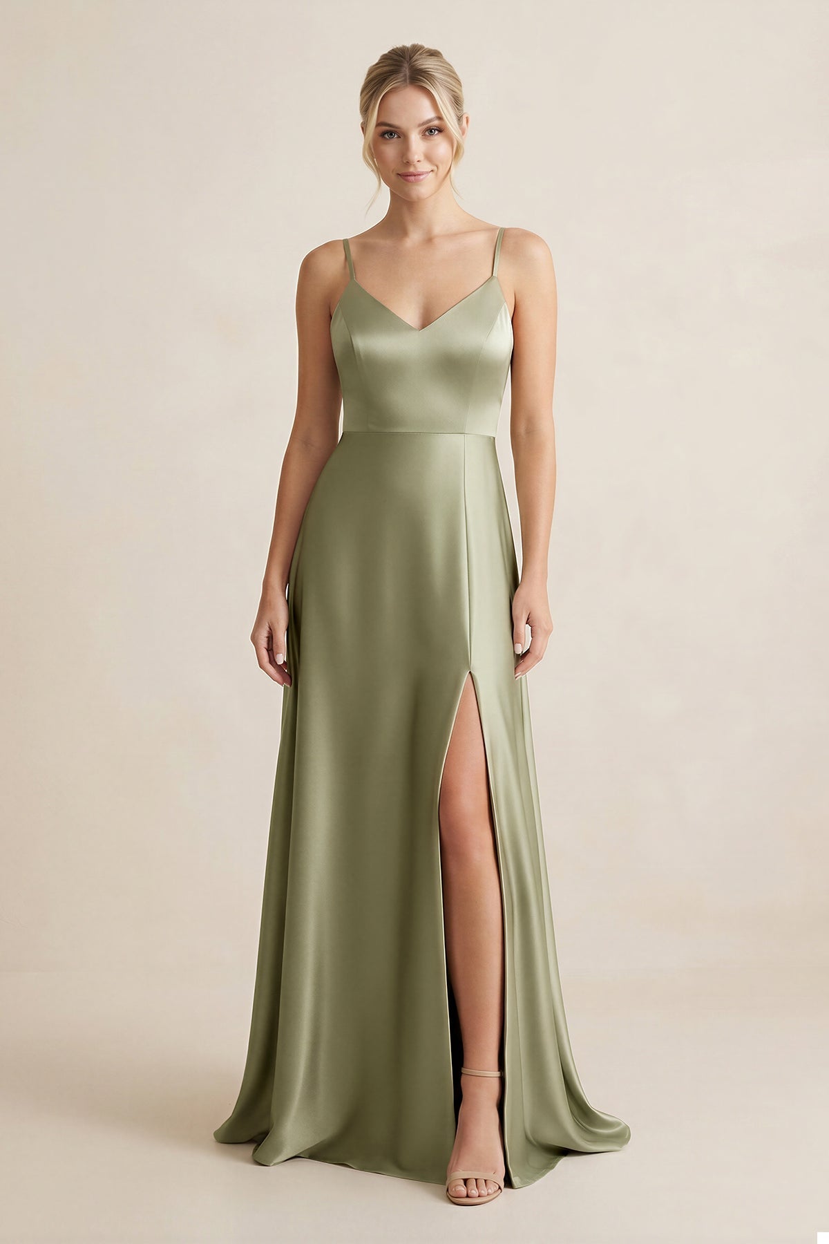 Cami Strap A-Line Shiny Satin Bridesmaid Dress in Thyme - Curvevia