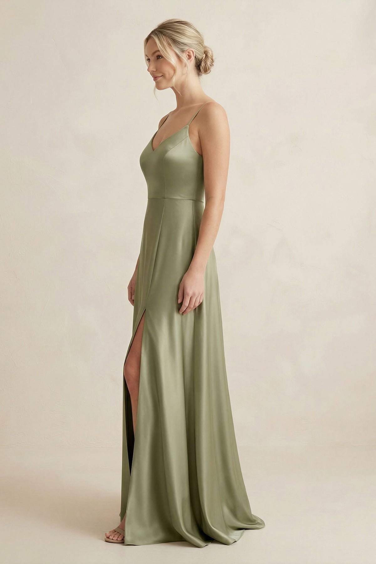 Cami Strap A-Line Shiny Satin Bridesmaid Dress in Thyme - Curvevia