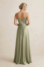 Cami Strap A-Line Shiny Satin Bridesmaid Dress in Thyme - Curvevia