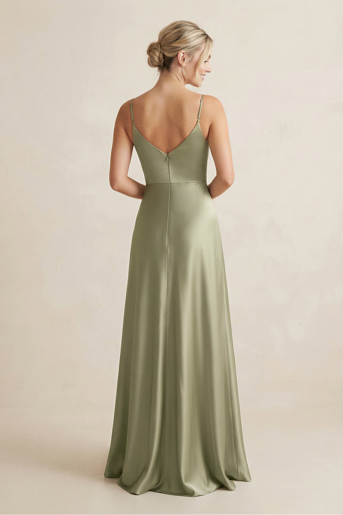 Cami Strap A-Line Shiny Satin Bridesmaid Dress in Thyme - Curvevia