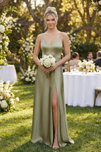 Cami Strap A-Line Shiny Satin Bridesmaid Dress in Thyme - Curvevia
