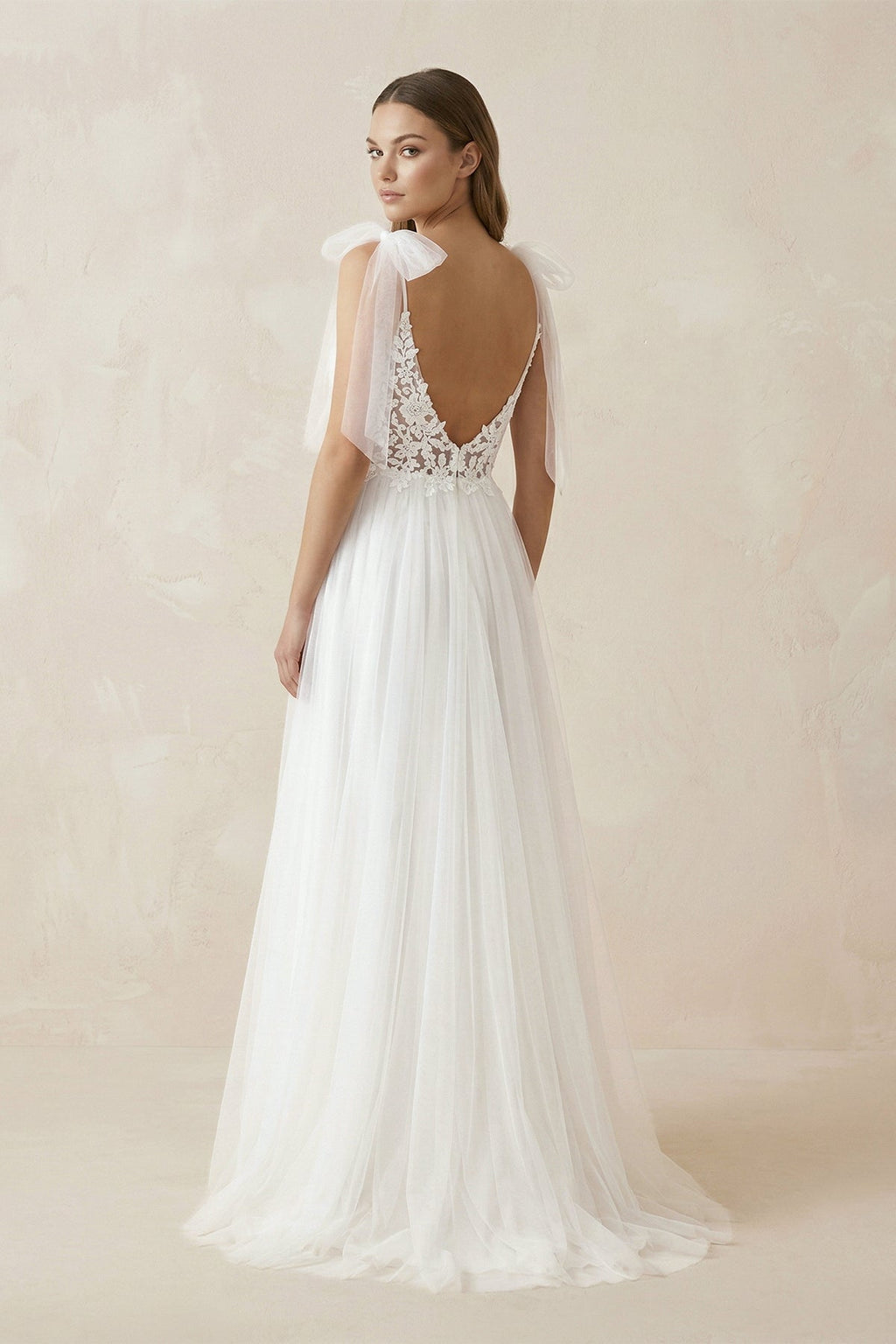 A Line V Neck Straps Tulle Split Wedding Dress/Bridal Gown with Lace - Curvevia
