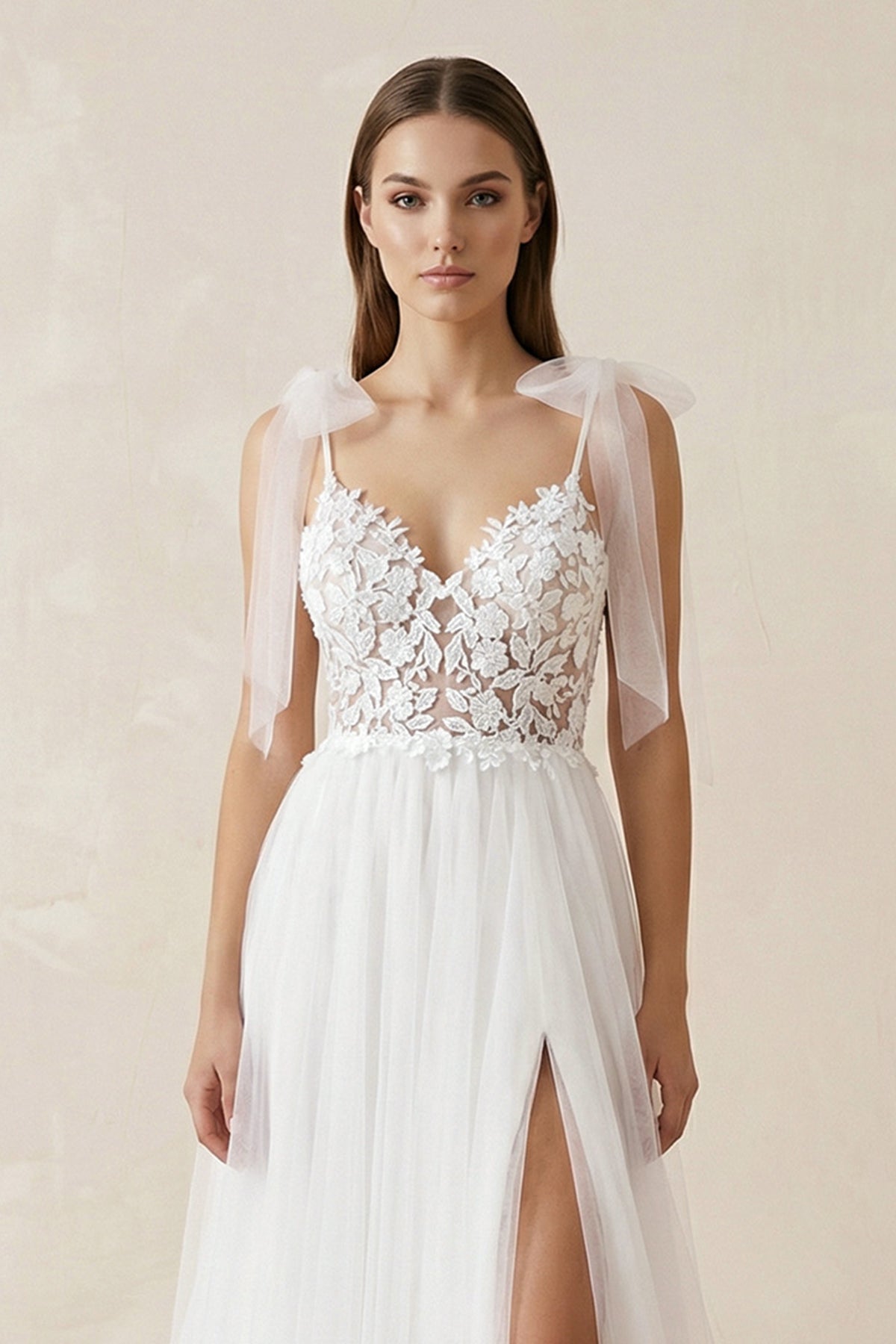 A Line V Neck Straps Tulle Split Wedding Dress/Bridal Gown with Lace - Curvevia