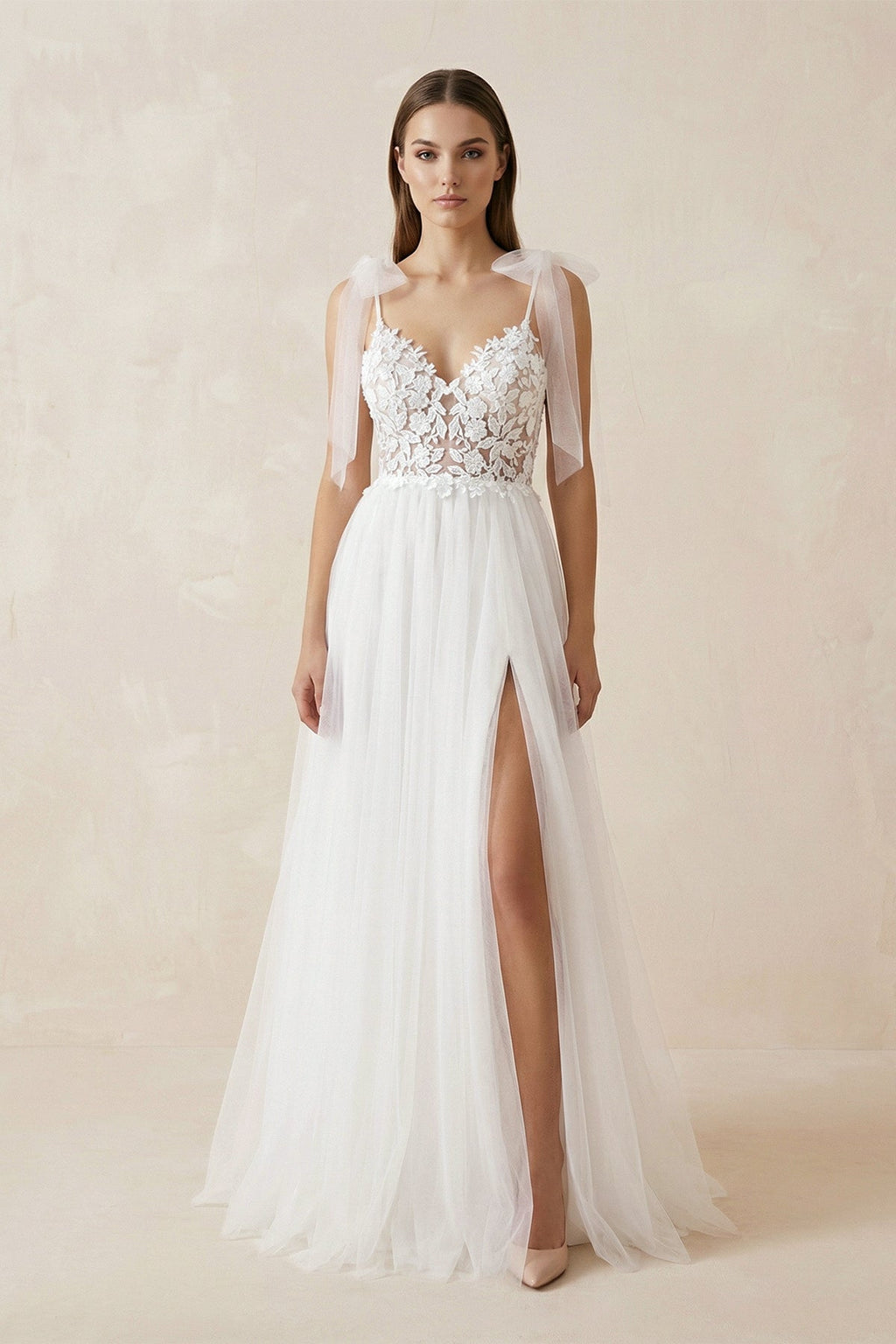 A Line V Neck Straps Tulle Split Wedding Dress/Bridal Gown with Lace - Curvevia