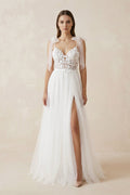 A Line V Neck Straps Tulle Split Wedding Dress/Bridal Gown with Lace - Curvevia