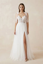 A Line V Neck Straps Tulle Split Wedding Dress/Bridal Gown with Lace - Curvevia