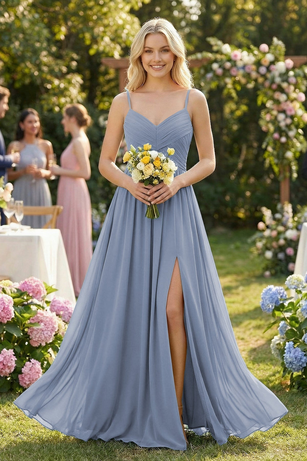 Cami Strap Chiffon A-Line Bridesmaid Dress with Slit in Twilight - Curvevia