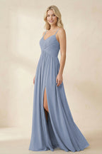 Cami Strap Chiffon A-Line Bridesmaid Dress with Slit in Twilight - Curvevia