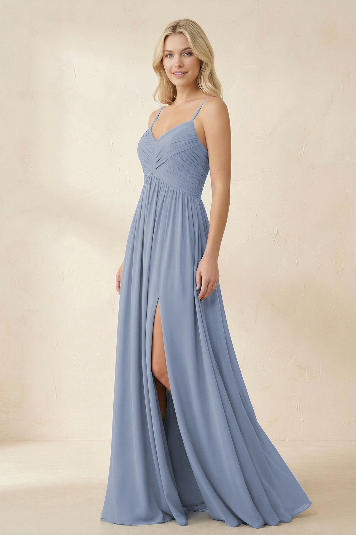 Cami Strap Chiffon A-Line Bridesmaid Dress with Slit in Twilight - Curvevia
