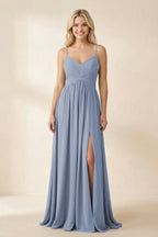 Cami Strap Chiffon A-Line Bridesmaid Dress with Slit in Twilight - Curvevia