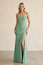 Cami Strap Chiffon Sheath Bridesmaid Dress with Slit in Sea Glass - Curvevia