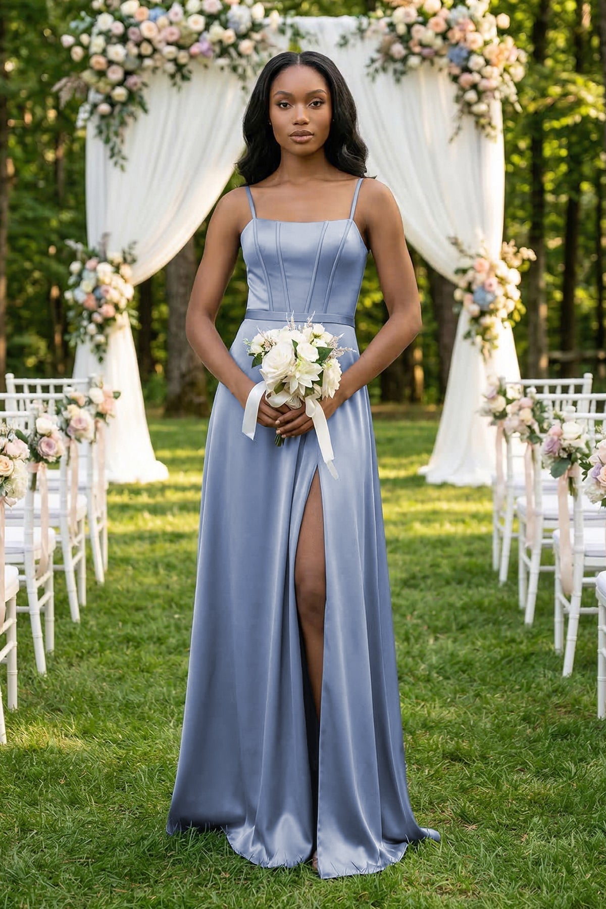 Cami Strap Corset Satin Sheath Bridesmaid Dress in Mist - Curvevia