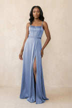 Cami Strap Corset Satin Sheath Bridesmaid Dress in Mist - Curvevia