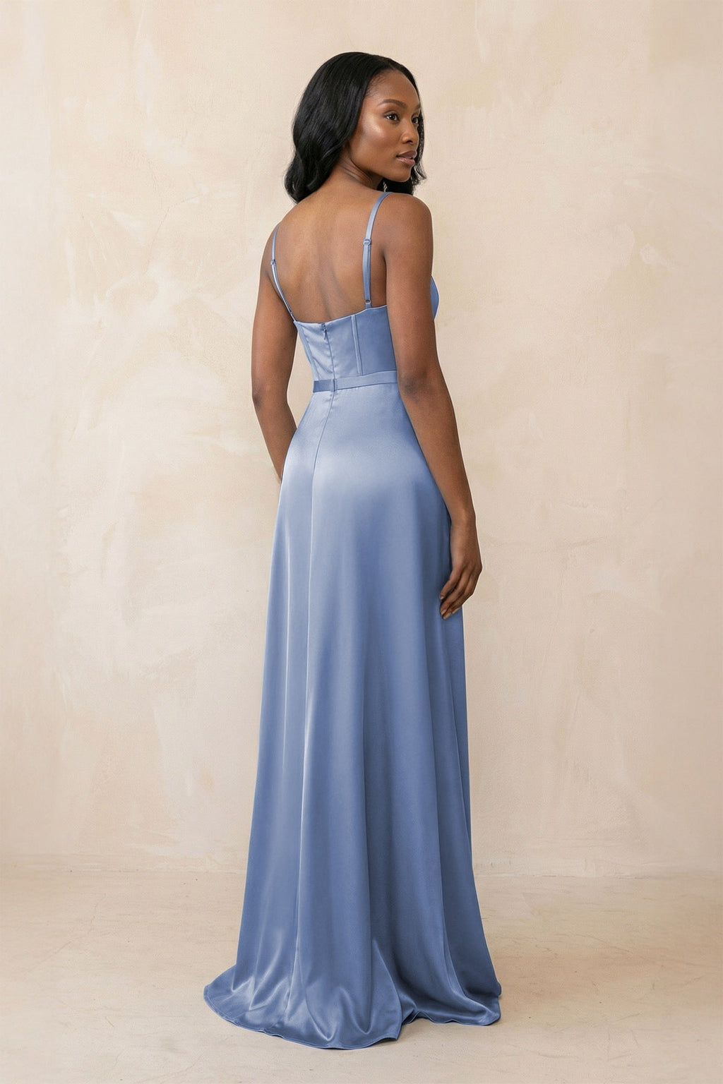 Cami Strap Corset Satin Sheath Bridesmaid Dress in Mist - Curvevia