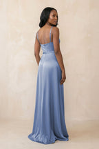 Cami Strap Corset Satin Sheath Bridesmaid Dress in Mist - Curvevia