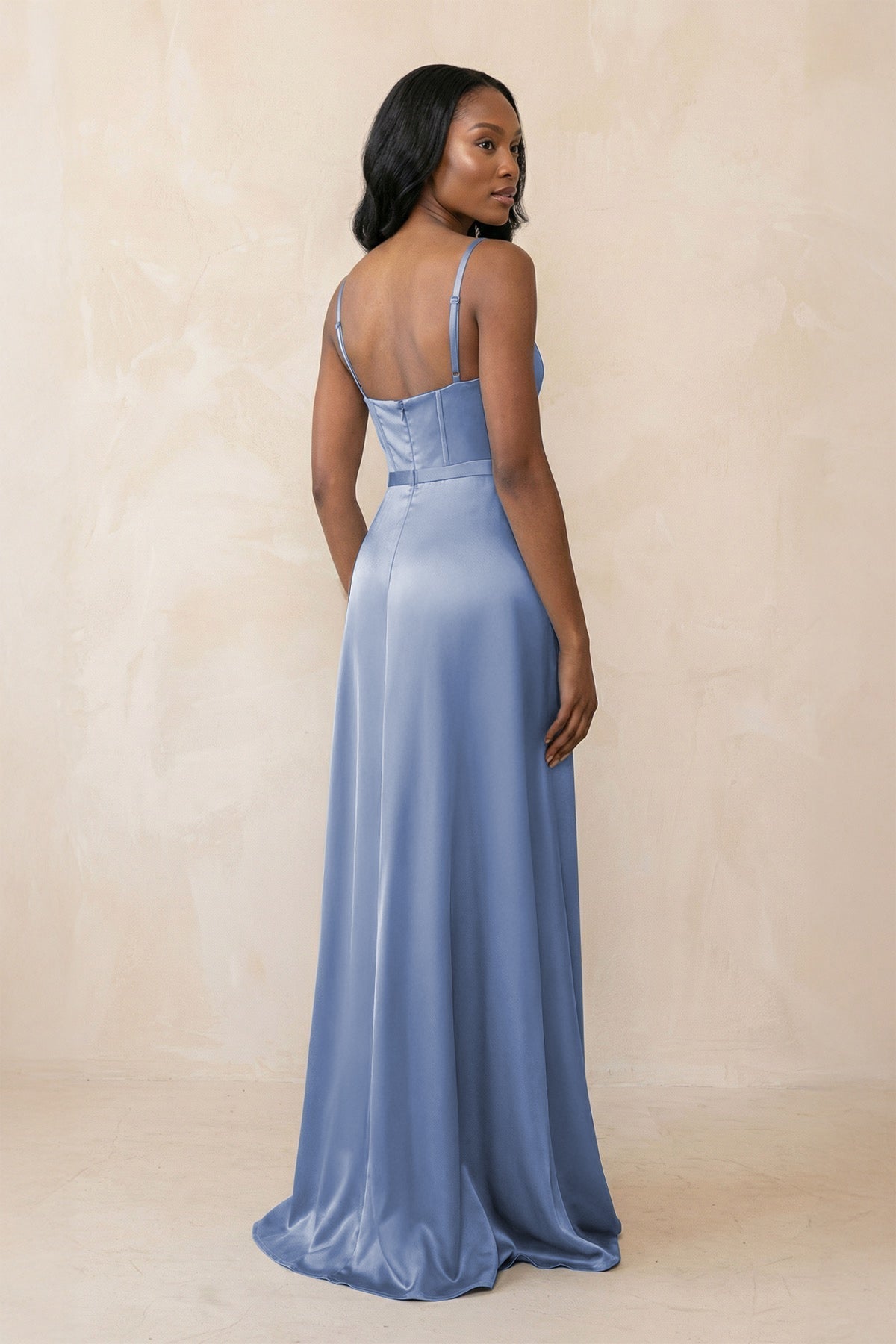Cami Strap Corset Satin Sheath Bridesmaid Dress in Mist - Curvevia