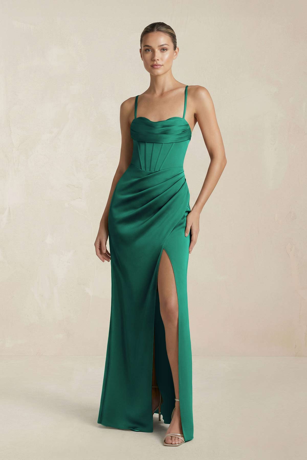 Cami Strap Corset Sheath Satin Ruched Bridesmaid Dress in Dark Green - Curvevia