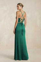 Cami Strap Corset Sheath Satin Ruched Bridesmaid Dress in Dark Green - Curvevia