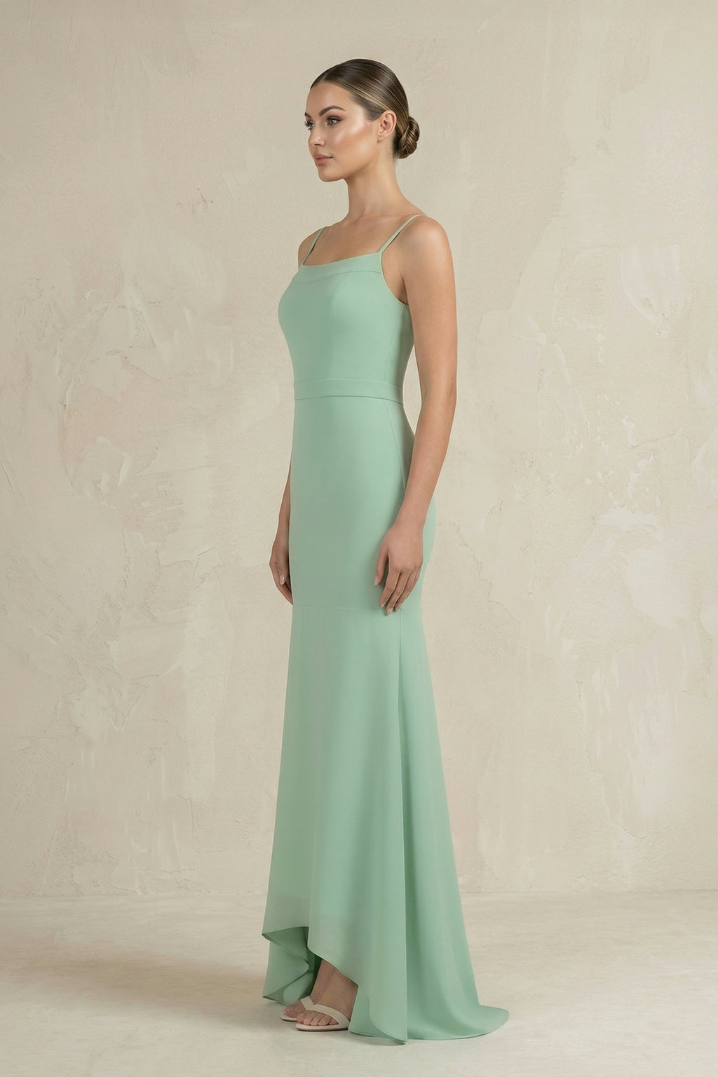 Cami Strap Mermaid Ruffled Chiffon Bridesmaid Dress in Pale Pistachio - Curvevia