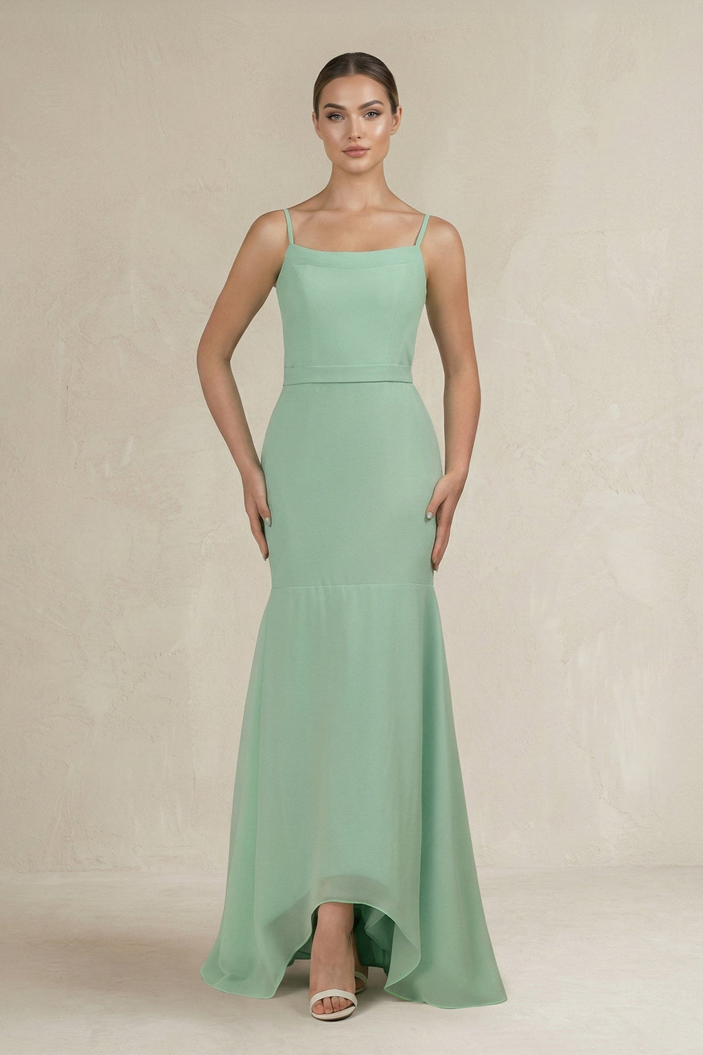 Cami Strap Mermaid Ruffled Chiffon Bridesmaid Dress in Pale Pistachio - Curvevia