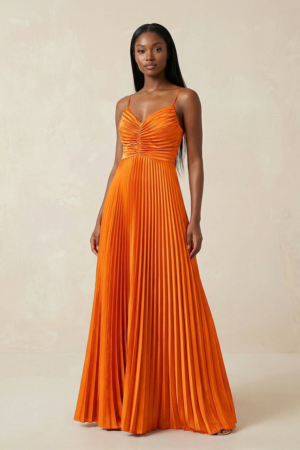 Cami Strap Pleated A-Line Bridesmaid Dress in Cinnamon - Curvevia