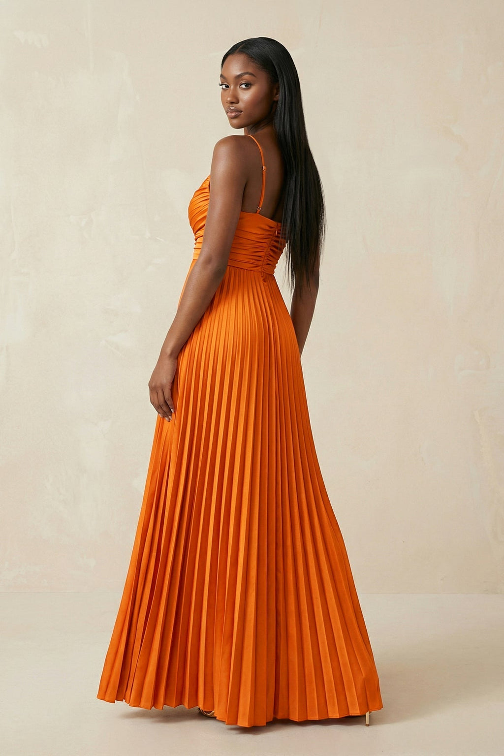 Cami Strap Pleated A-Line Bridesmaid Dress in Cinnamon - Curvevia