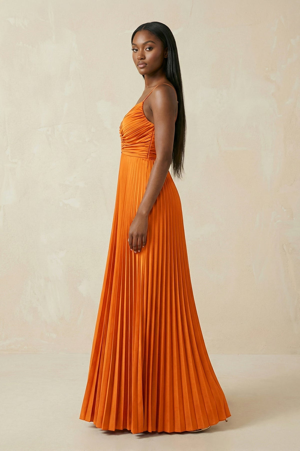 Cami Strap Pleated A-Line Bridesmaid Dress in Cinnamon - Curvevia
