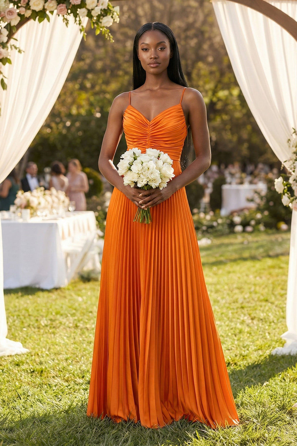 Cami Strap Pleated A-Line Bridesmaid Dress in Cinnamon - Curvevia