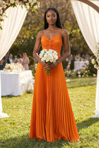 Cami Strap Pleated A-Line Bridesmaid Dress in Cinnamon - Curvevia