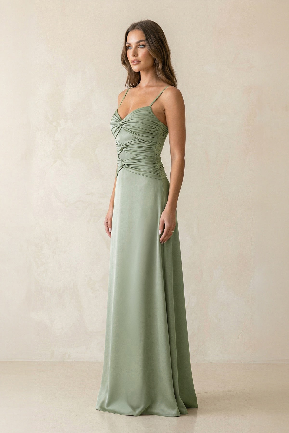 Cami Strap Pleated Sheath Satin Bridesmaid Dress in Dove Gray - Curvevia