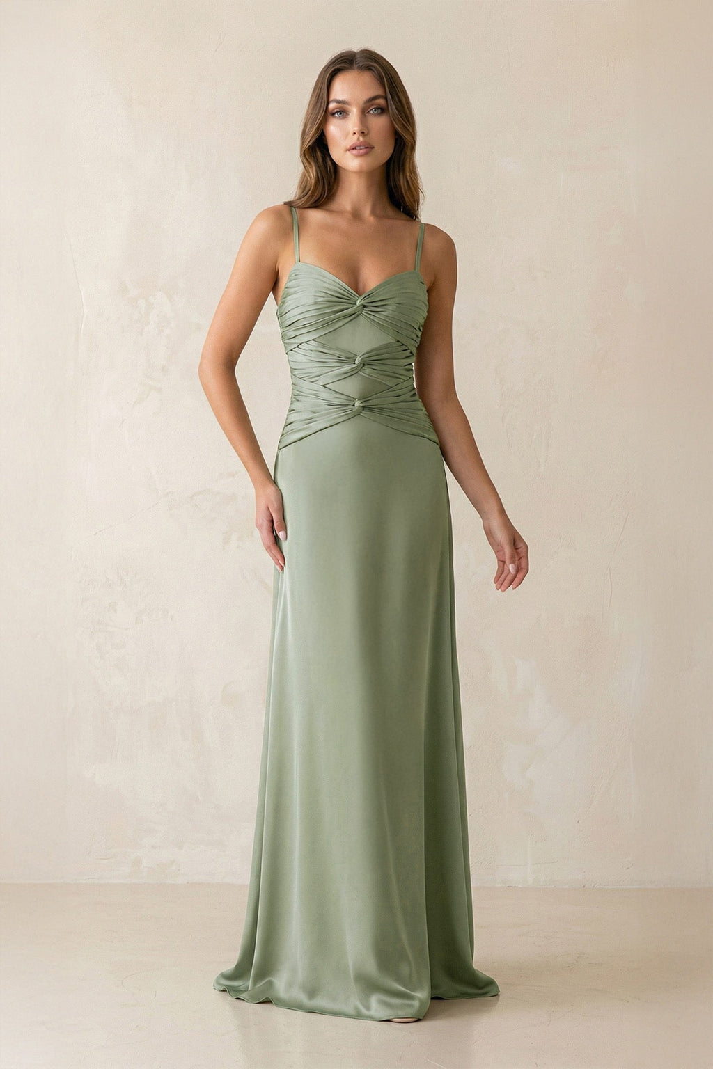 Cami Strap Pleated Sheath Satin Bridesmaid Dress in Dove Gray - Curvevia
