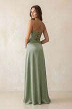 Cami Strap Pleated Sheath Satin Bridesmaid Dress in Dove Gray - Curvevia