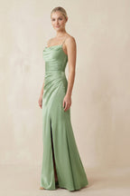 Cami Strap Ruched Satin Sheath Bridesmaid Dress in Sage - Curvevia