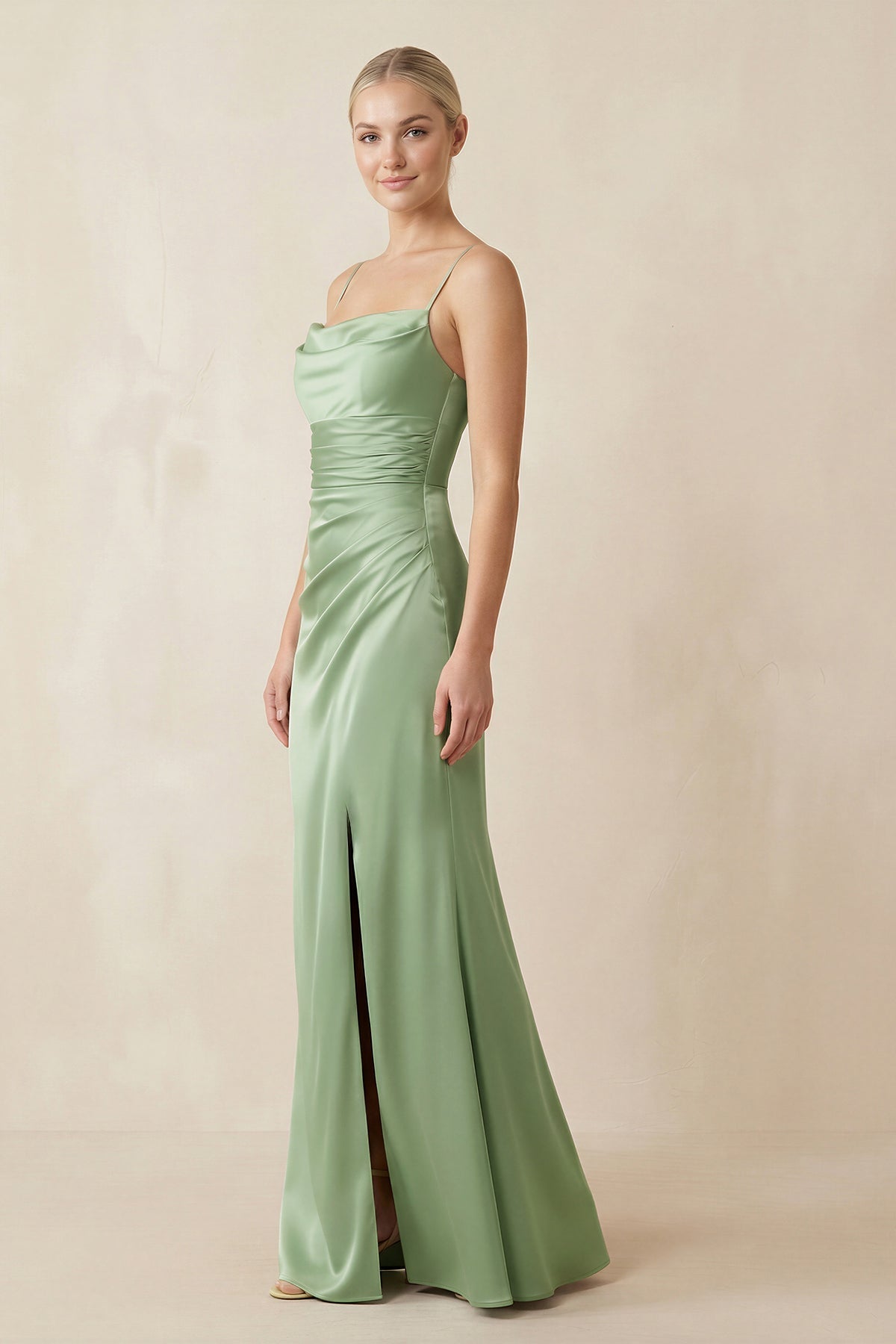 Cami Strap Ruched Satin Sheath Bridesmaid Dress in Sage - Curvevia