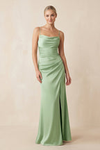 Cami Strap Ruched Satin Sheath Bridesmaid Dress in Sage - Curvevia