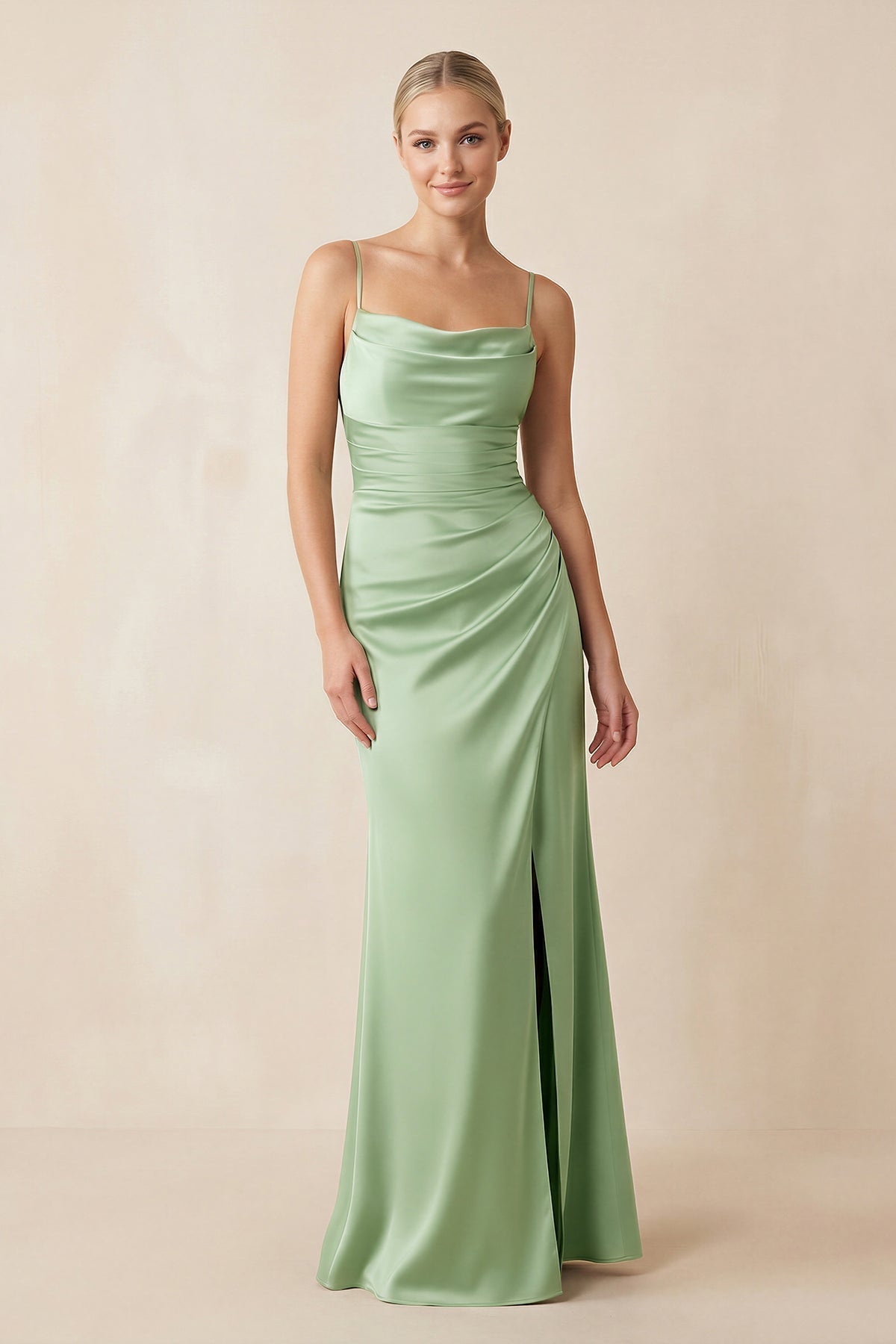 Cami Strap Ruched Satin Sheath Bridesmaid Dress in Sage - Curvevia